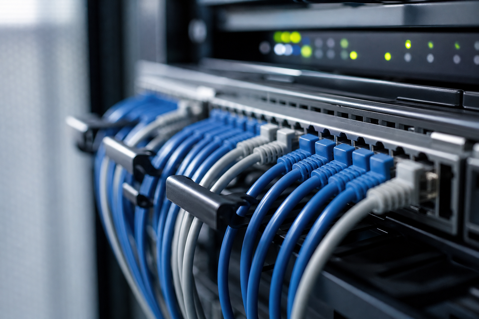 Strukturierte Netzwerkverkabelung an einem Patchpanel